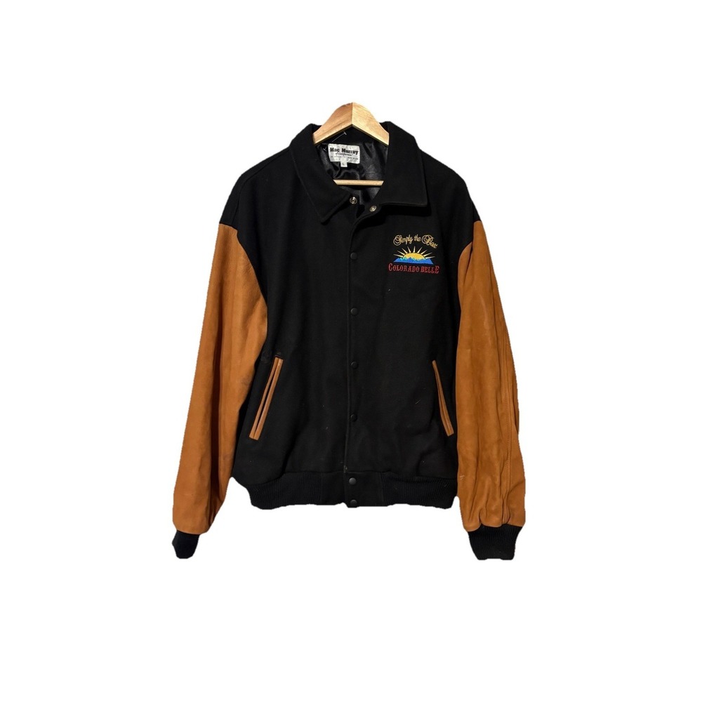 Vintage 80s Leather Jacket Colorado Belle Hotel Casino Black Brown Wool Sz L XL
